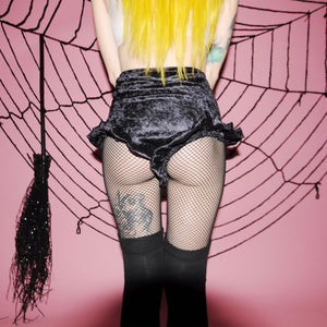 BLACK VELVET RUFFLE SHORTS