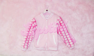 PINK FURRY HEART VARSITY JACKET