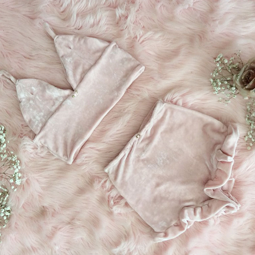 BABY PINK VELVET RUFFLE SET