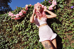 BABY PINK VELVET RUFFLE SET