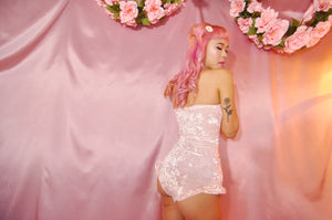 BABY PINK VELVET RUFFLE ONE PIECE